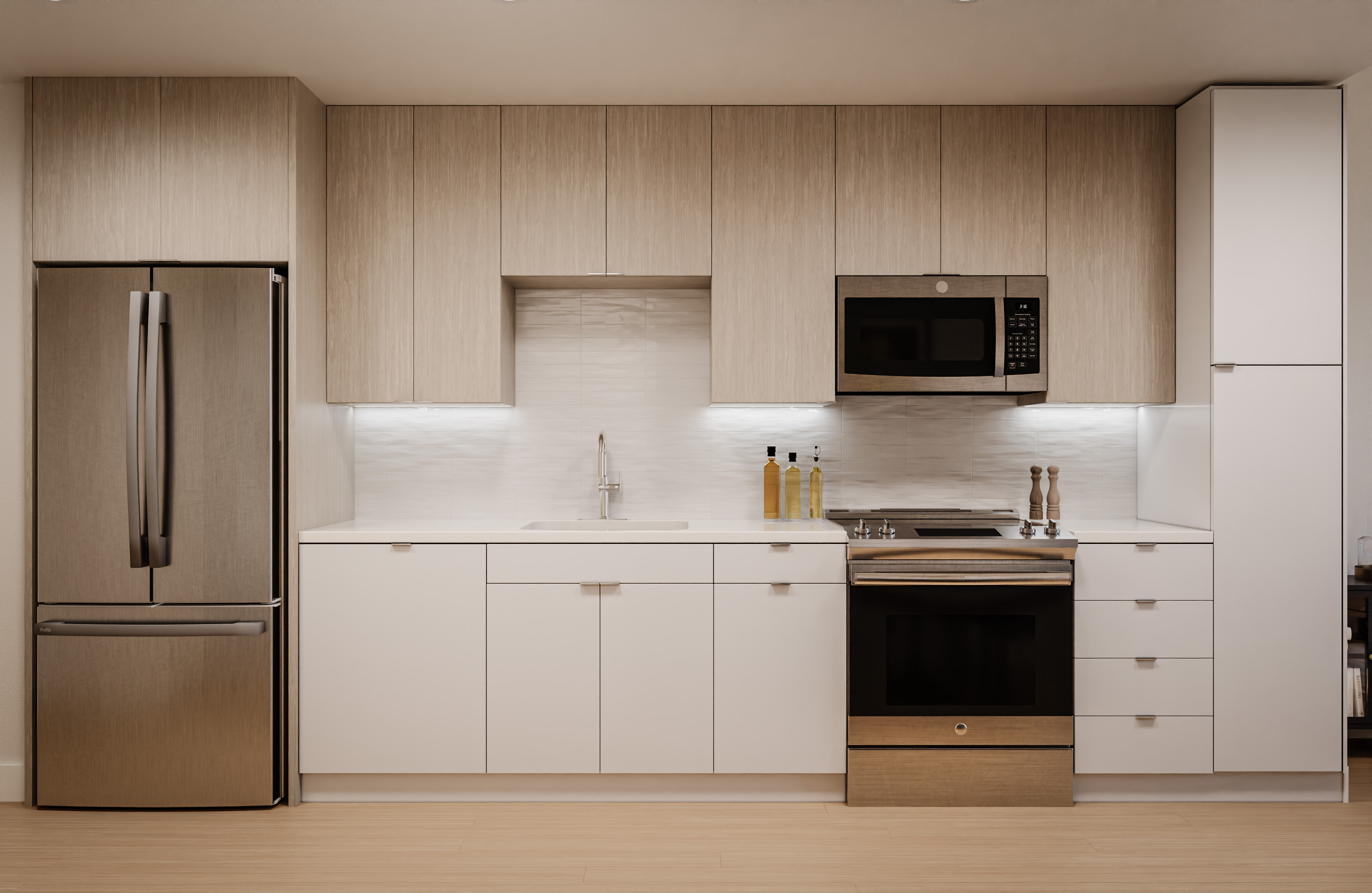 Kitchen with tile backsplash, stainless steel appliances, and under cabinet lighting