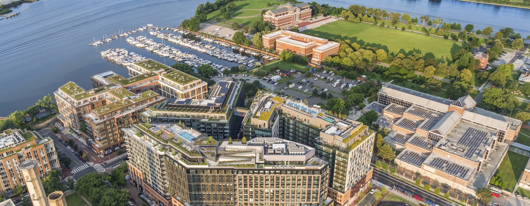Aerial view of Everly with expansive river views