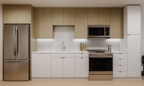 Kitchen with tile backsplash, stainless steel appliances, and under cabinet lighting