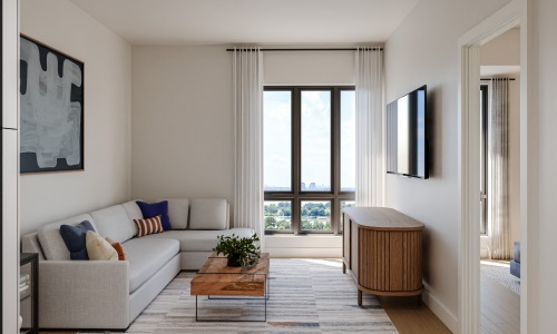 Open concept living room with city views 