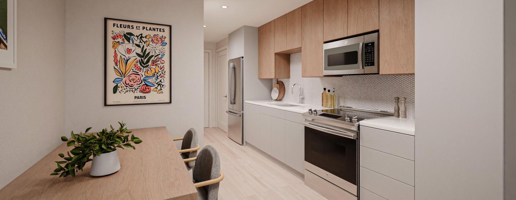 a kitchen with a dining table